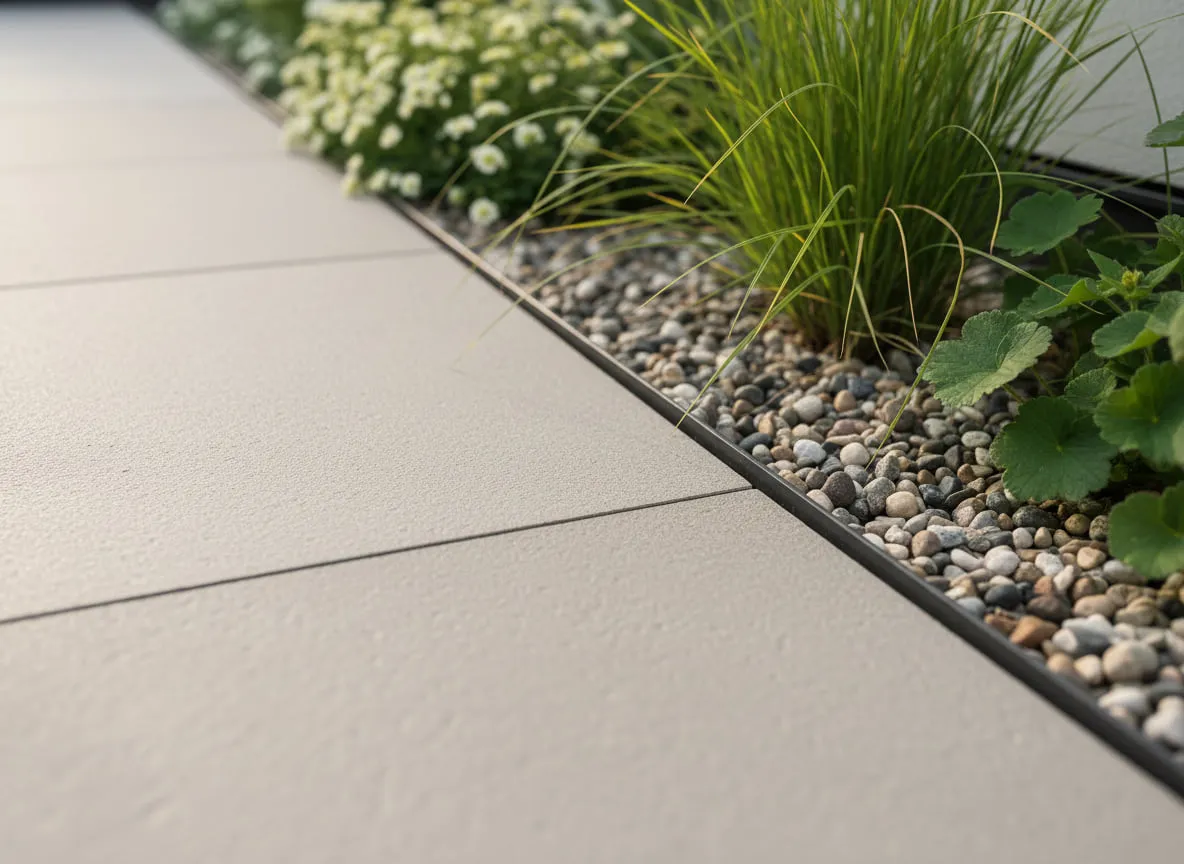 Detail einer beige-grauen Natursteinplatte neben dunkler Metalleinfassung