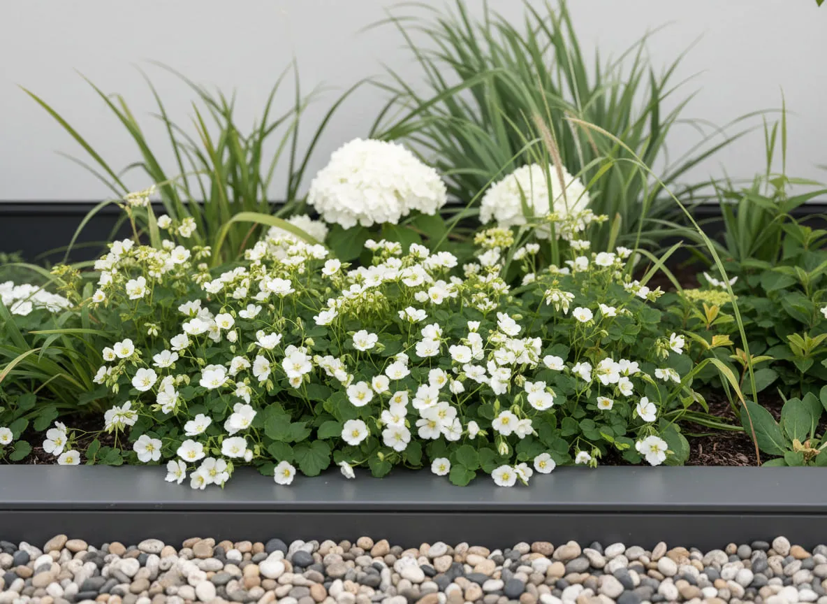 Hortensie, Storchschnabel und Federgras in gestaffelter Pflanzung