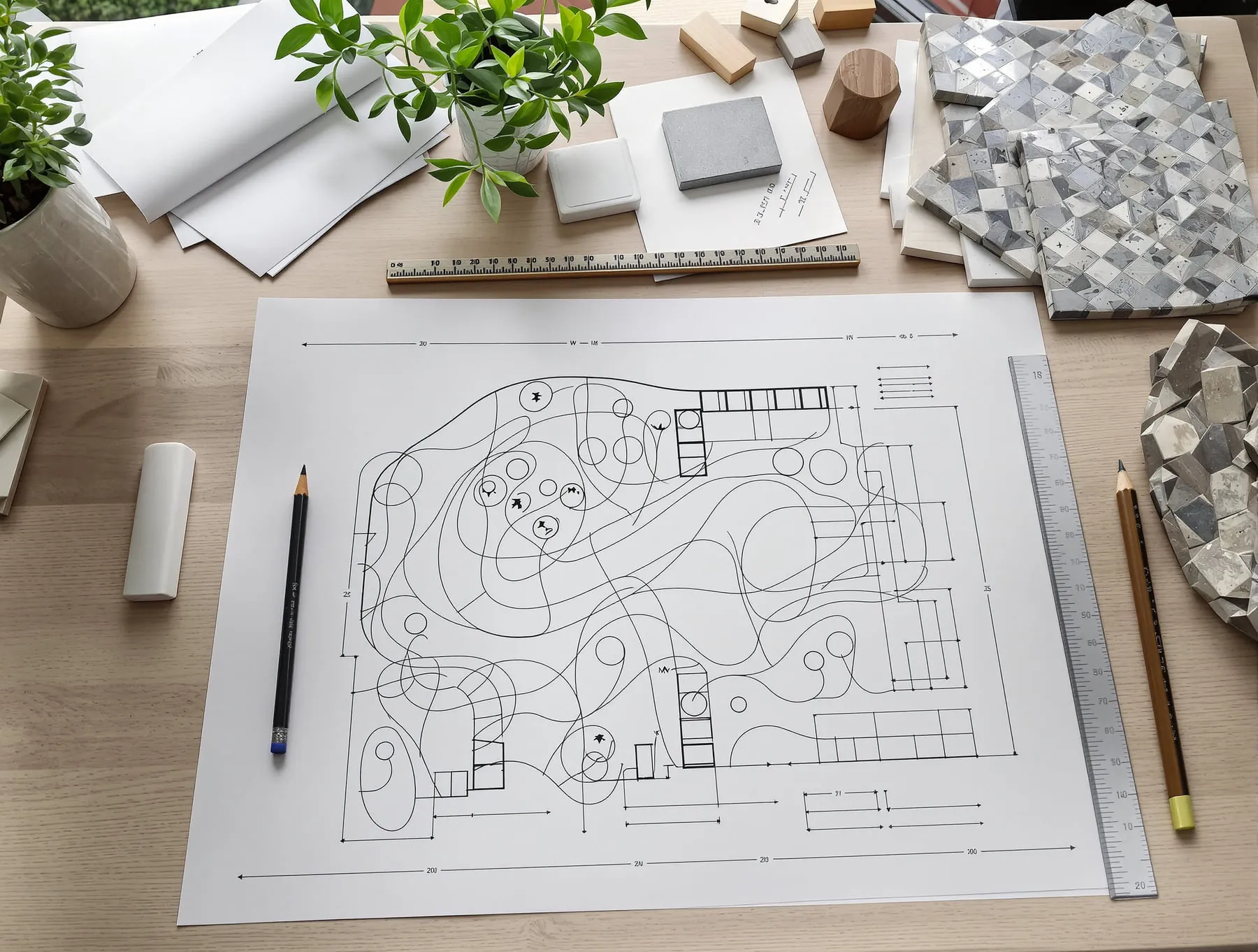 Gartenplan mit Notizen und Pflanzenliste auf einem Arbeitstisch
