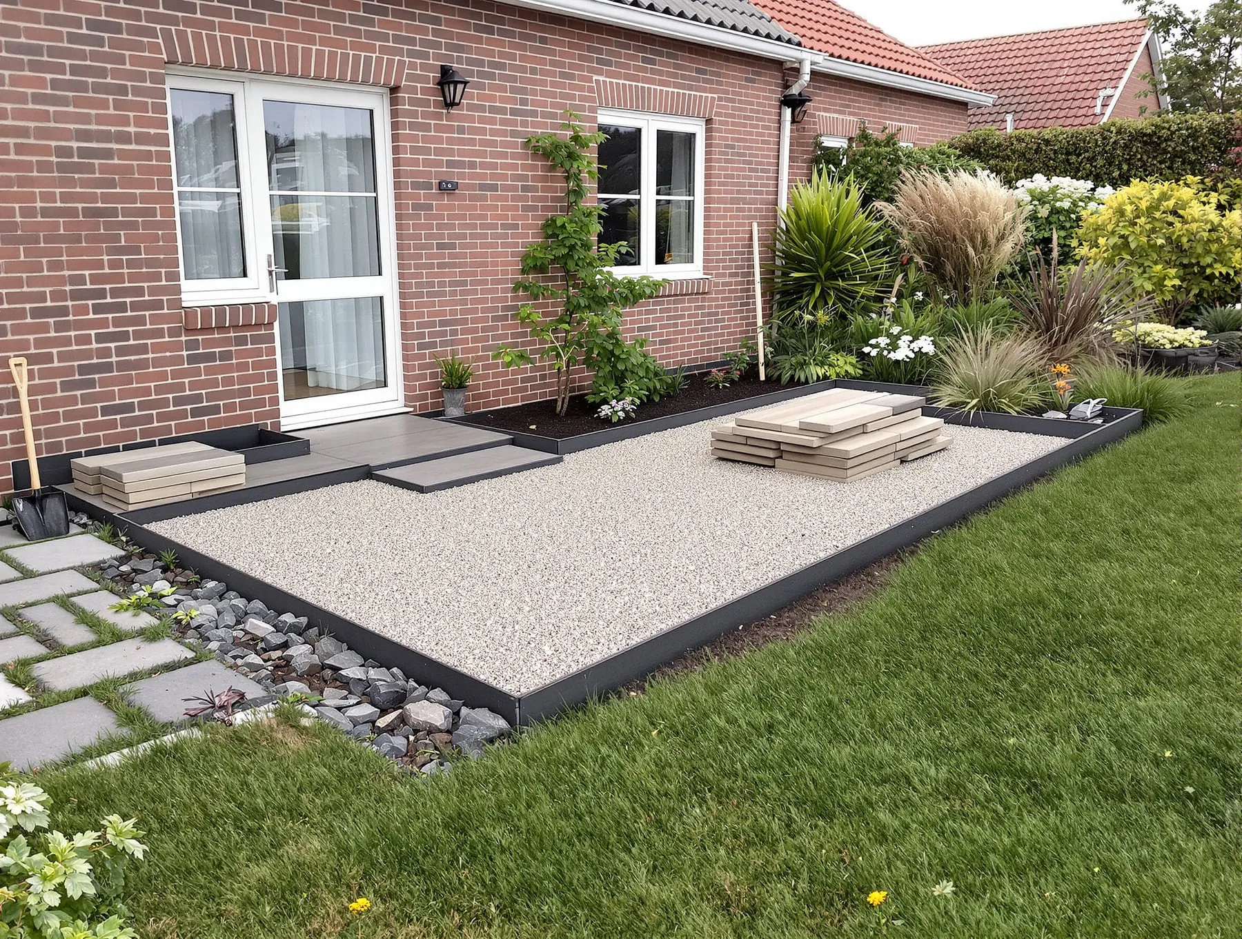 Vorbereitete Gartenfläche mit neuer Einfassung am Wohnhaus