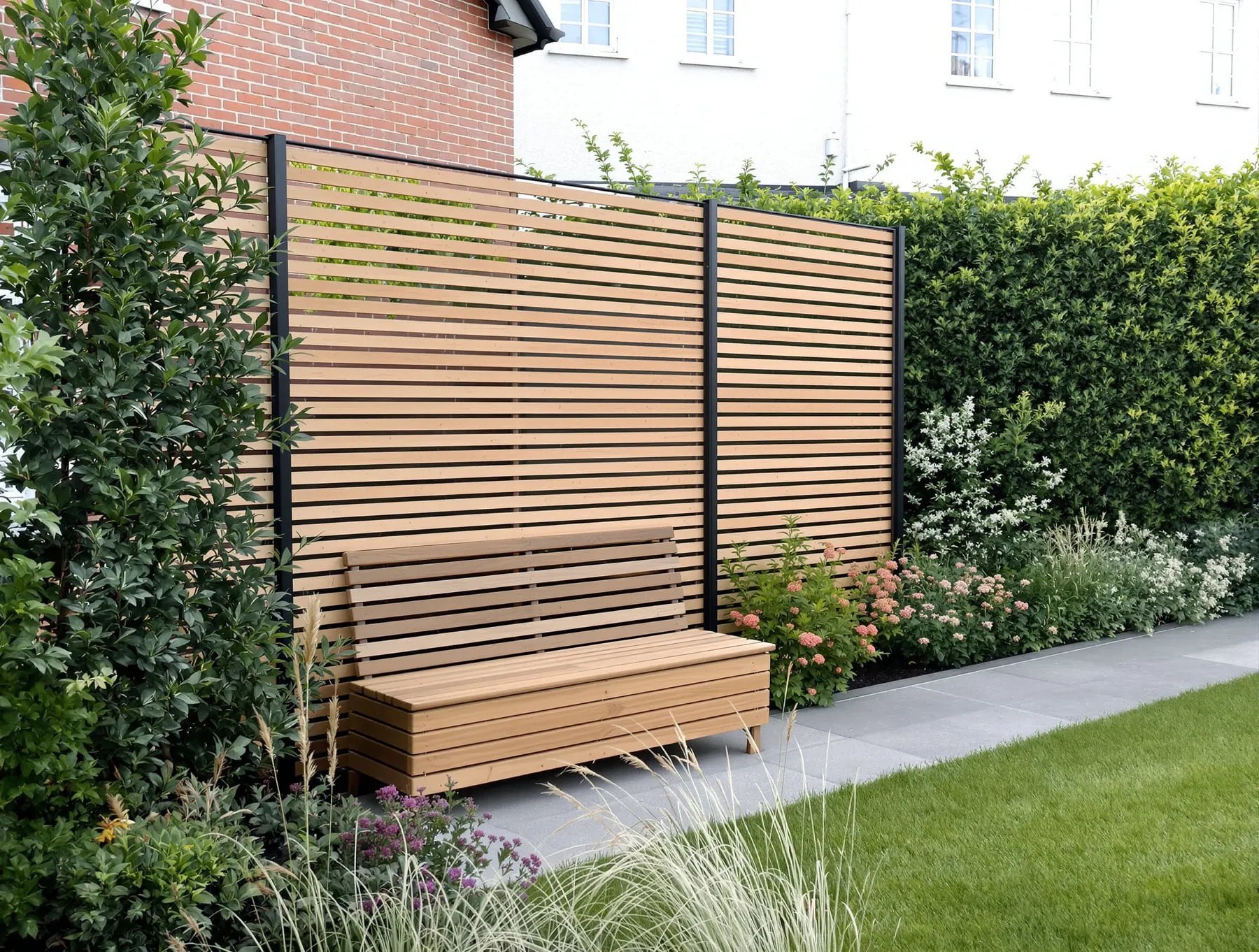 Lärchen-Sichtschutz neben einer grünen Hecke am Sitzplatz